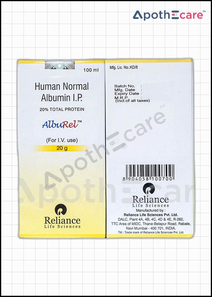 Alburel 20/100ml vial, a medication used for treating albumin deficiency.