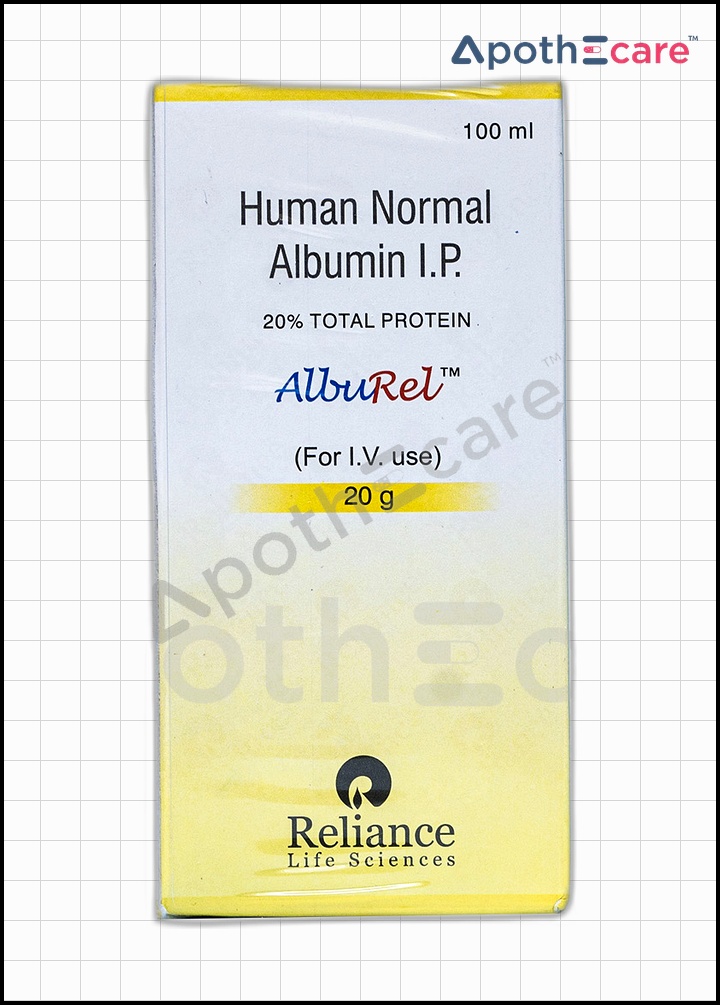 Alburel 20/100ml vial, a medication used for treating albumin deficiency.