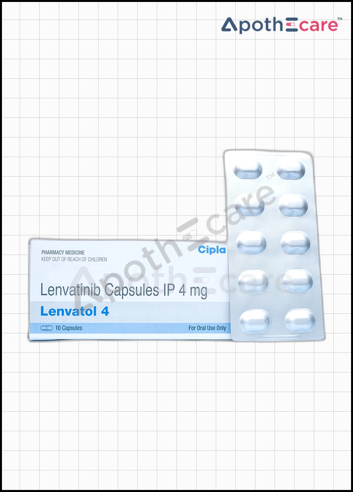 Lenvatol 4mg Capsule pack of 10, used for cancer treatment.
