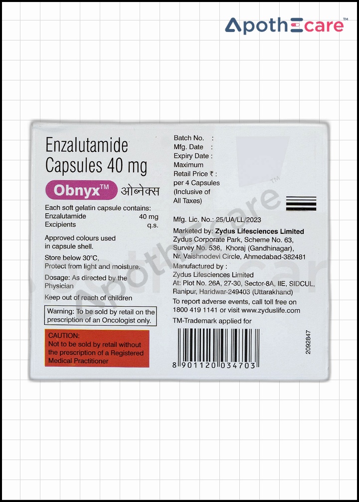 Obnyx 40mg Capsules contains Enzalutamide, used for prostate cancer treatment.
