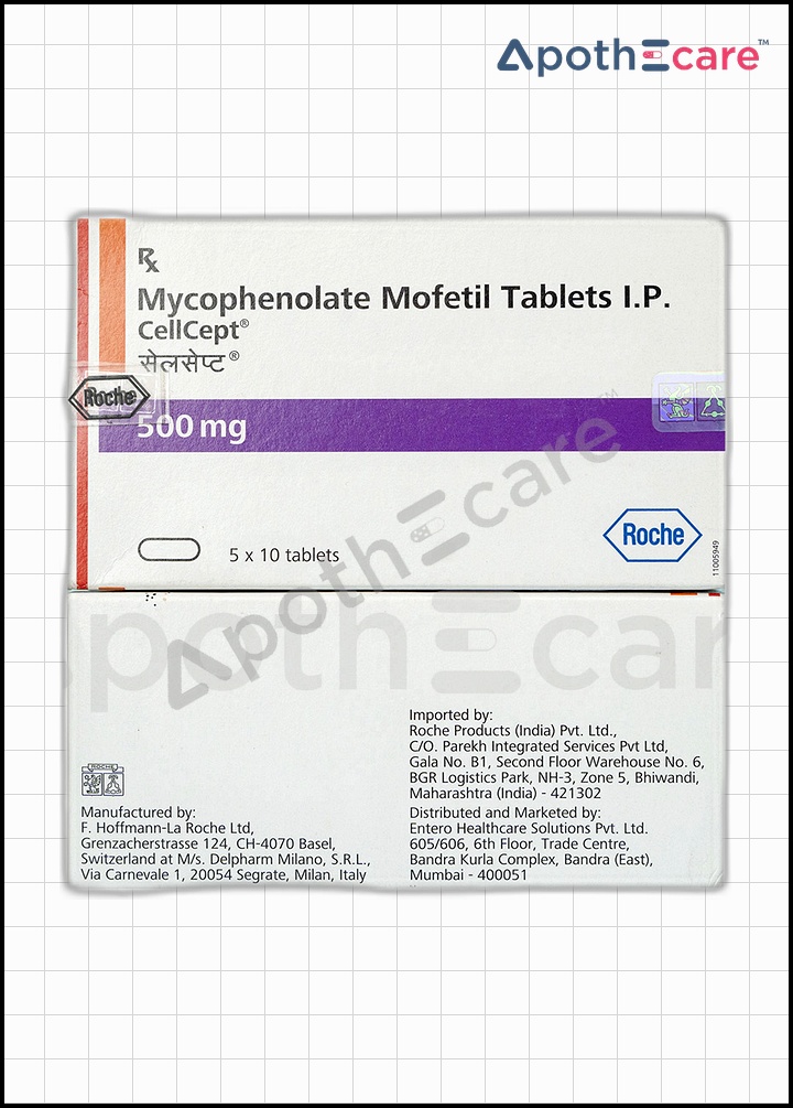 Cellcept 500mg tablets pack of 10, used for preventing organ transplant rejection.