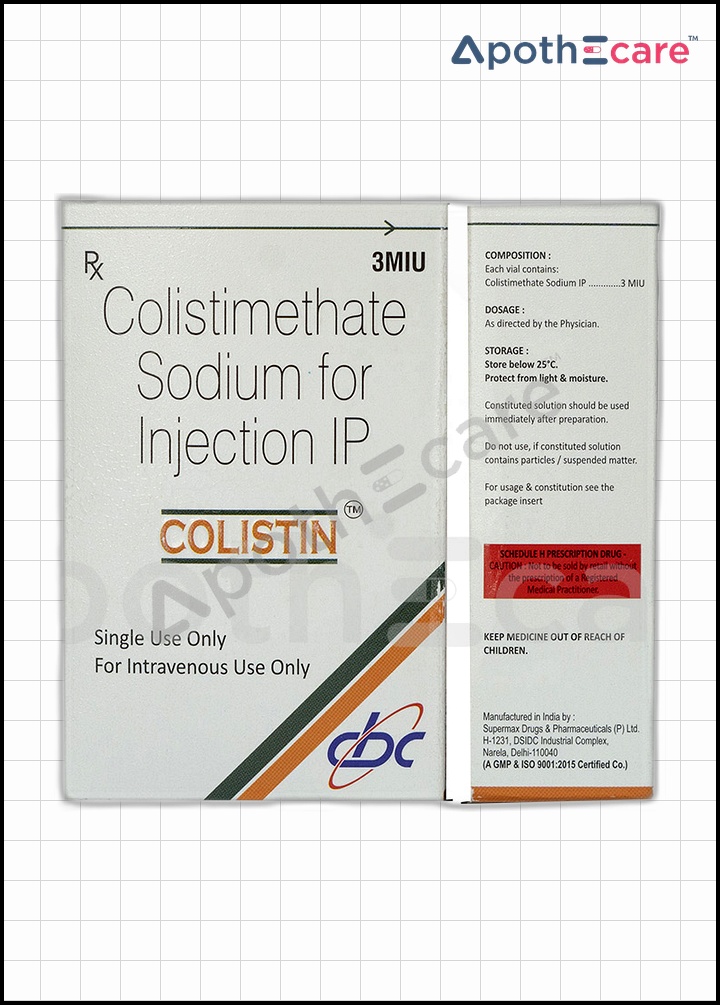 Colistin 3 MIU Injection pack of 1, used in bacterial infection treatments.