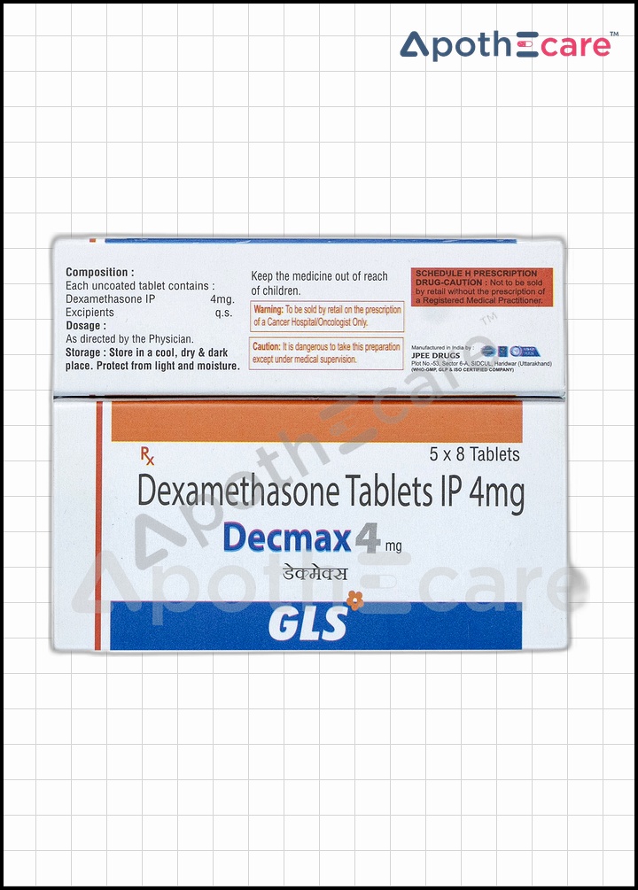 Decmax 4mg tablet pack of 18, used for treating inflammation and cancer.