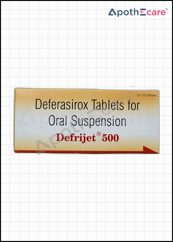 Defrijet 500mg Tablet, a drug used for iron overload treatment.