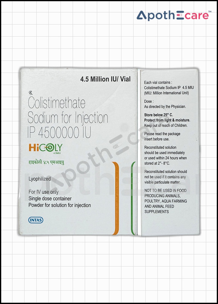 Hicoly 4.5 MIU vial, used as an antibiotic that fights against bacteria