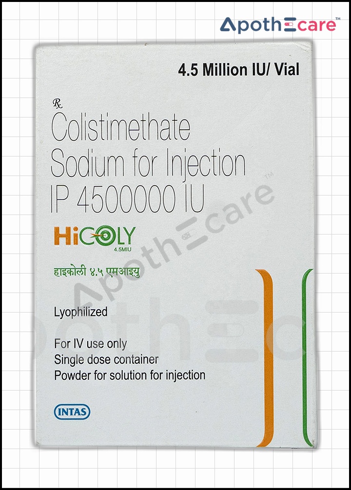 Hicoly 4.5 MIU vial, used as an antibiotic that fights against bacteria