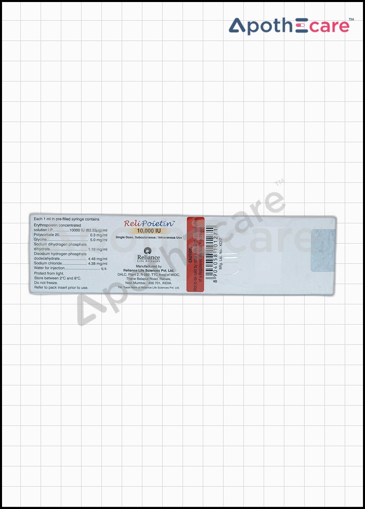 Relipoietin 10000IU Injection, is used to treat anemia from HIV treatment, cancer chemotherapy