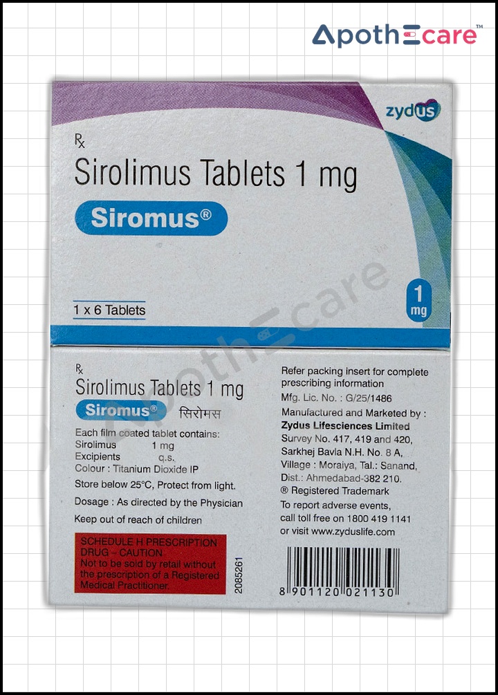 Siromus 1mg Sirolimus tablets pack of 16, used in organ transplant therapy.