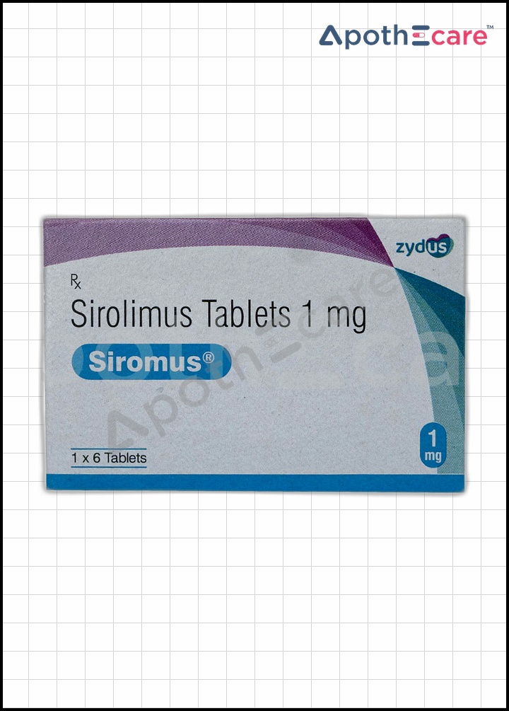 Siromus 1mg Sirolimus tablets pack of 16, used in organ transplant therapy.