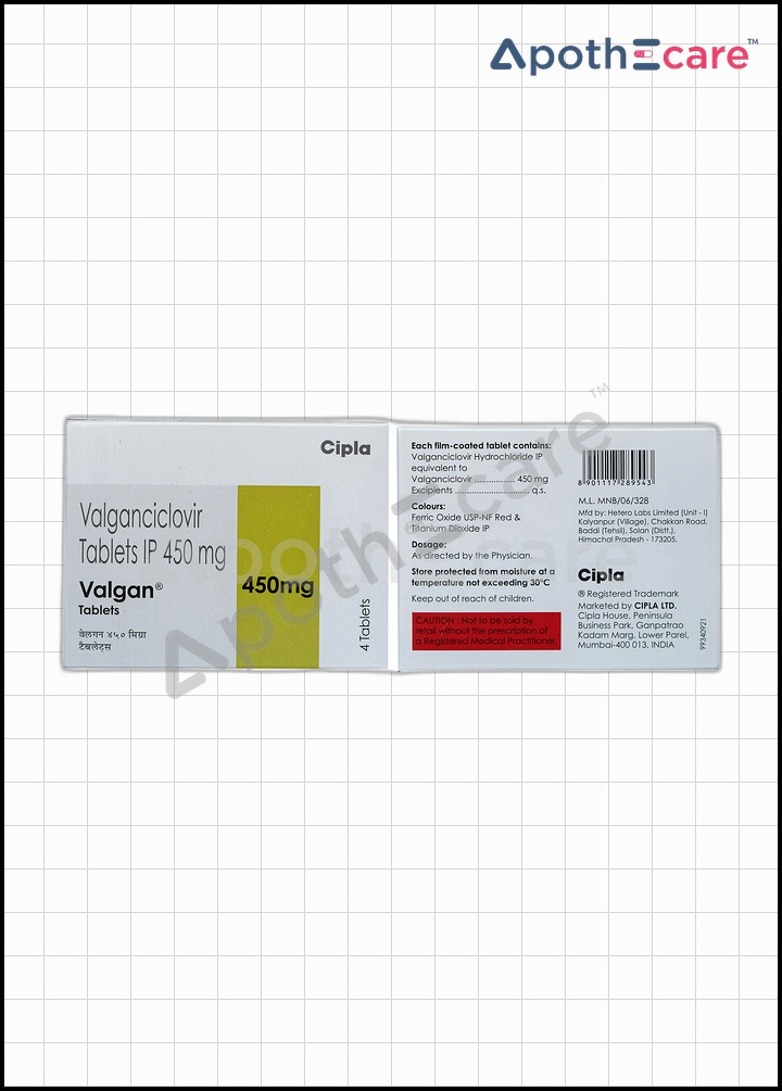 Valgan 450mg Tablet, used to treat cytomegalovirus infections.