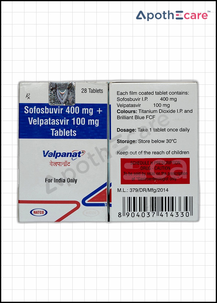 Velpanat 400mg pack of 28 tablets, used for hepatitis treatment.