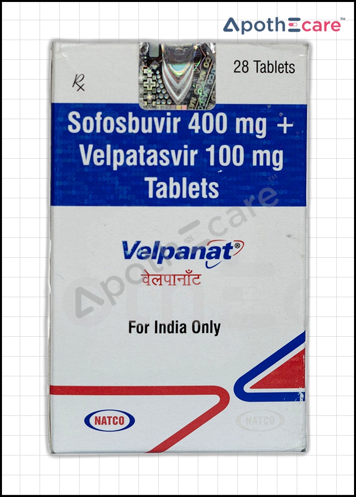Velpanat 400mg pack of 28 tablets, used for hepatitis treatment.