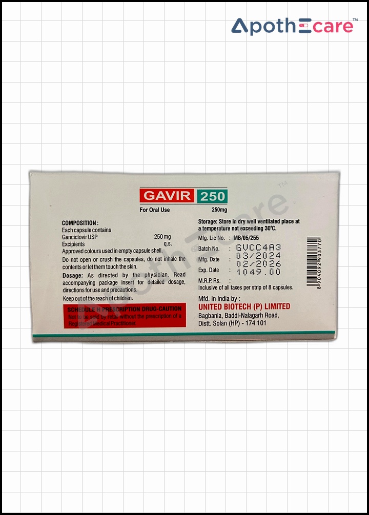 Gavir 250mg Capsule, is used to treat and prevent cytomegalovirus infections.