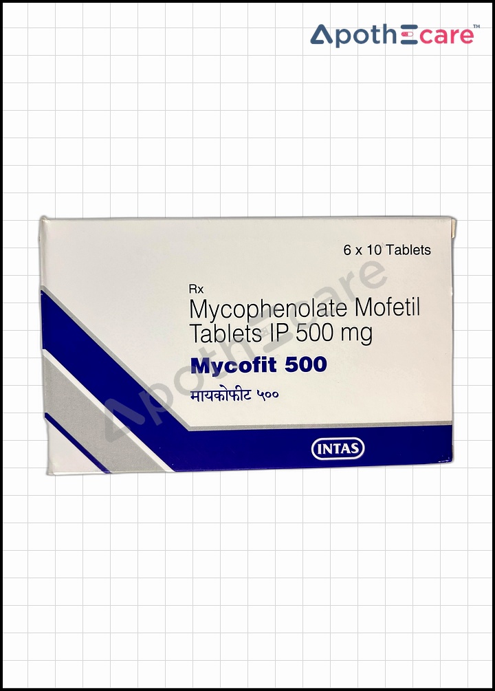Mycofit 500mg Tablet, an immunosuppressive agent used primarily to prevent organ rejection in transplant recipients.