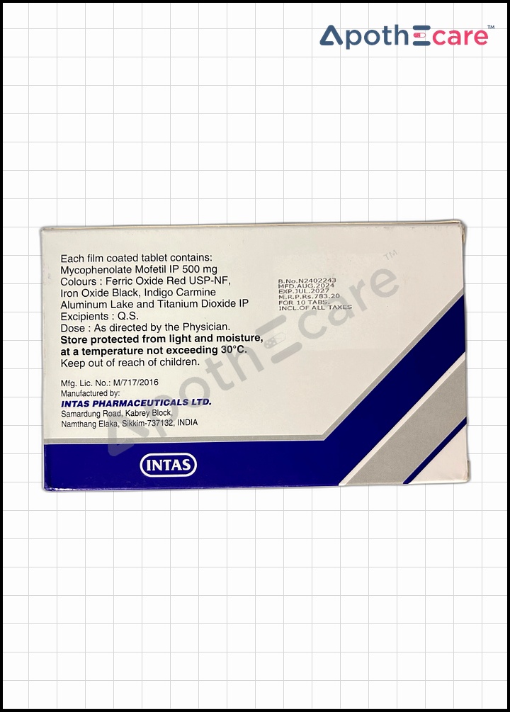 Mycofit 500mg Tablet, an immunosuppressive agent used primarily to prevent organ rejection in transplant recipients.