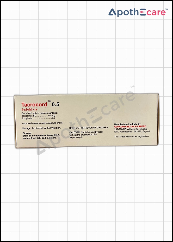 Tacrocord 0.5mg Capsule, used primarily to prevent organ rejection.