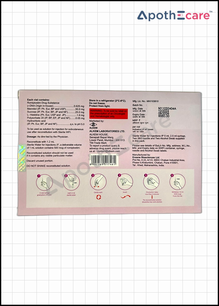 Romiset 500mcg Injection, is a thrombopoietin receptor agonist used primarily to treat thrombocytopenia