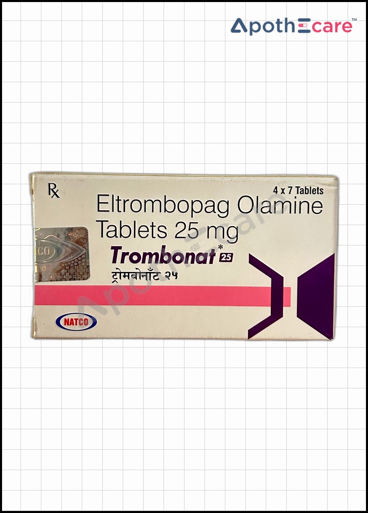 Trombonat 25mg Tablet, is used to treat low platelet counts brought on by chronic hepatitis C virus infection or chronic immunological  thrombocytopenic purpura.