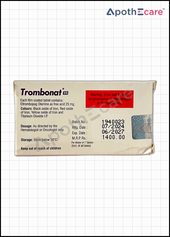Trombonat 25mg Tablet, is used to treat low platelet counts brought on by chronic hepatitis C virus infection or chronic immunological  thrombocytopenic purpura.