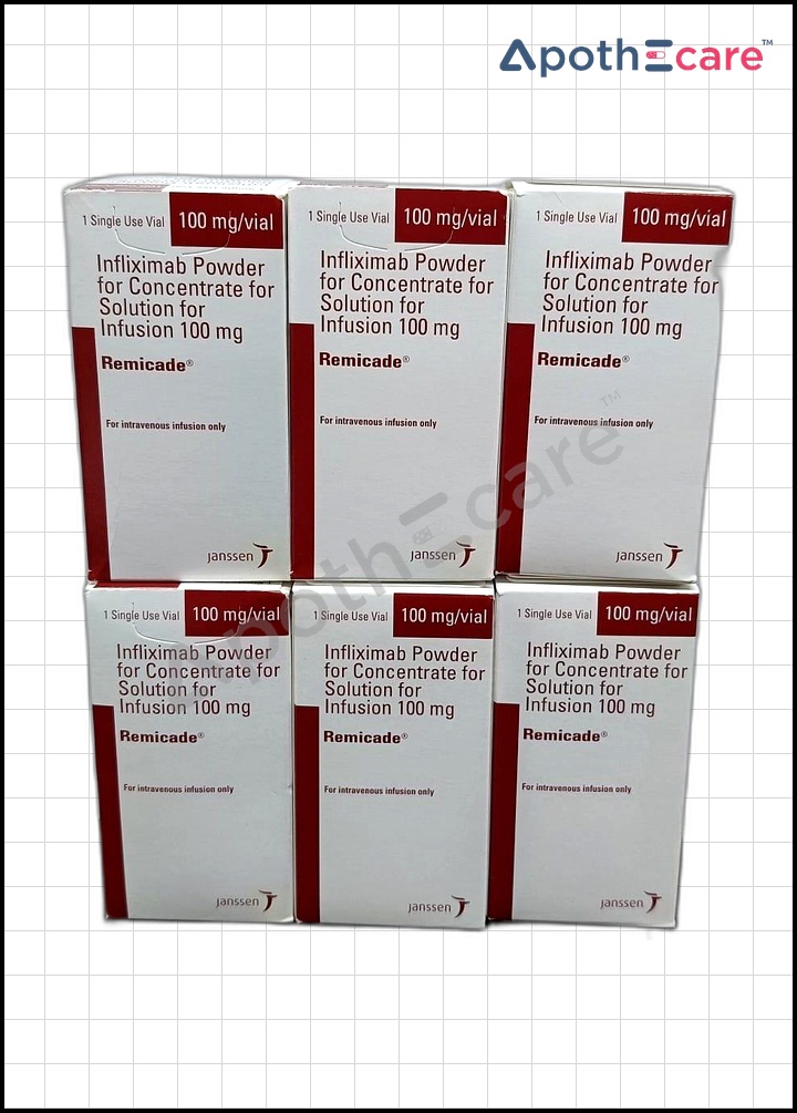 Remicade 100mg Injection, which is used to treat Crohn's disease, psoriatic arthritis, rheumatoid arthritis, ankylosing spondylitis, psoriasis, and ulcerative colitis.