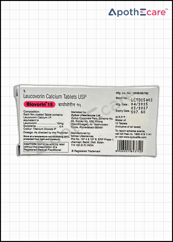 Biovorin 15mg Tablet is used to stop the negative effects of the anticancer drug methotrexate.