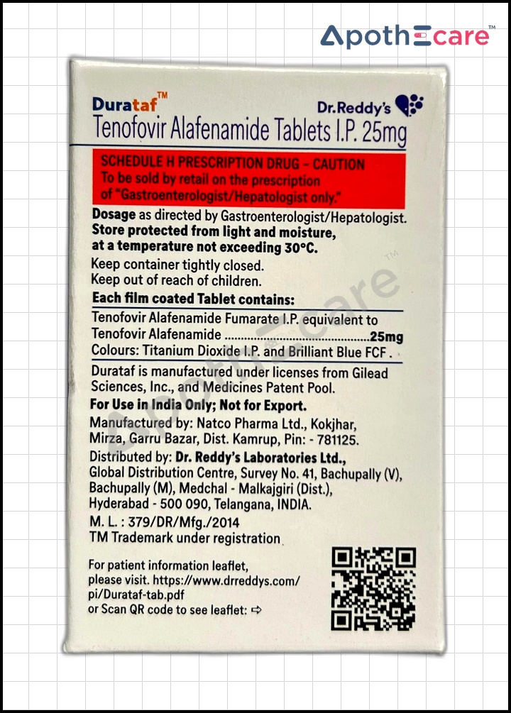 Durataf 25mg Tablet is used for the treatment of chronic hepatitis B and HIV infection.