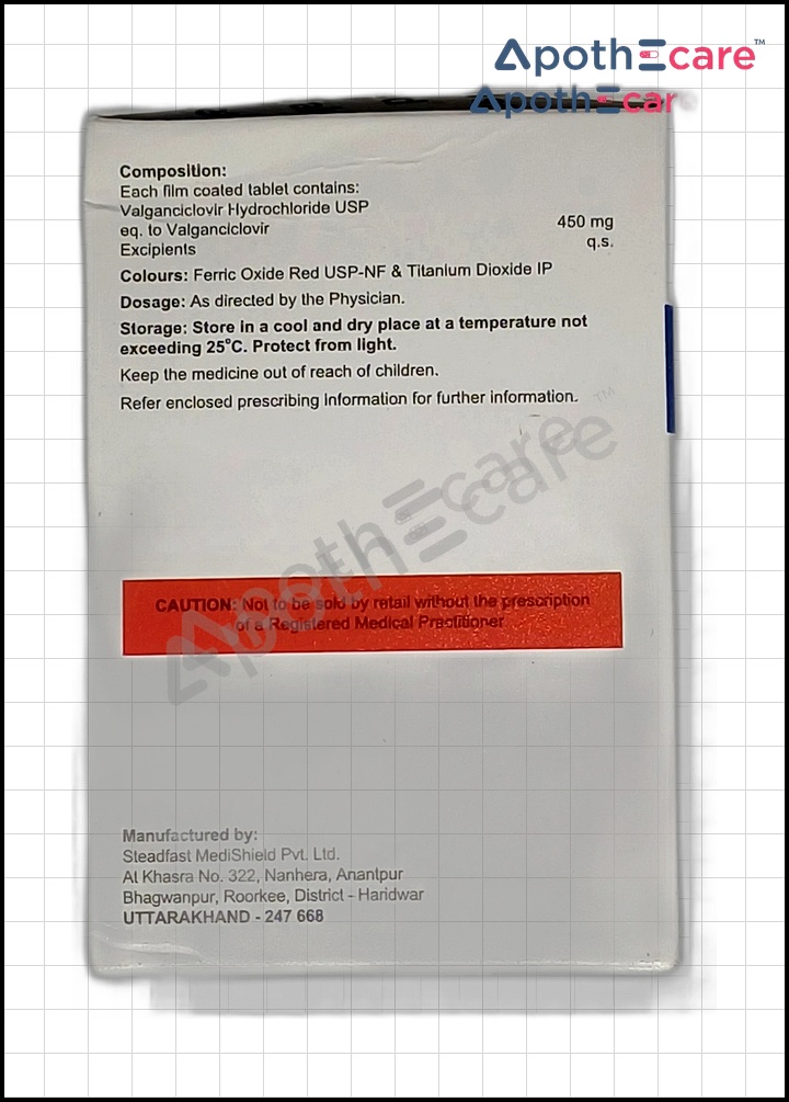 valstead-450mg used to treat Cytomegalovirus (CMV) retinitis (a serious eye infection) in adults with AIDS
