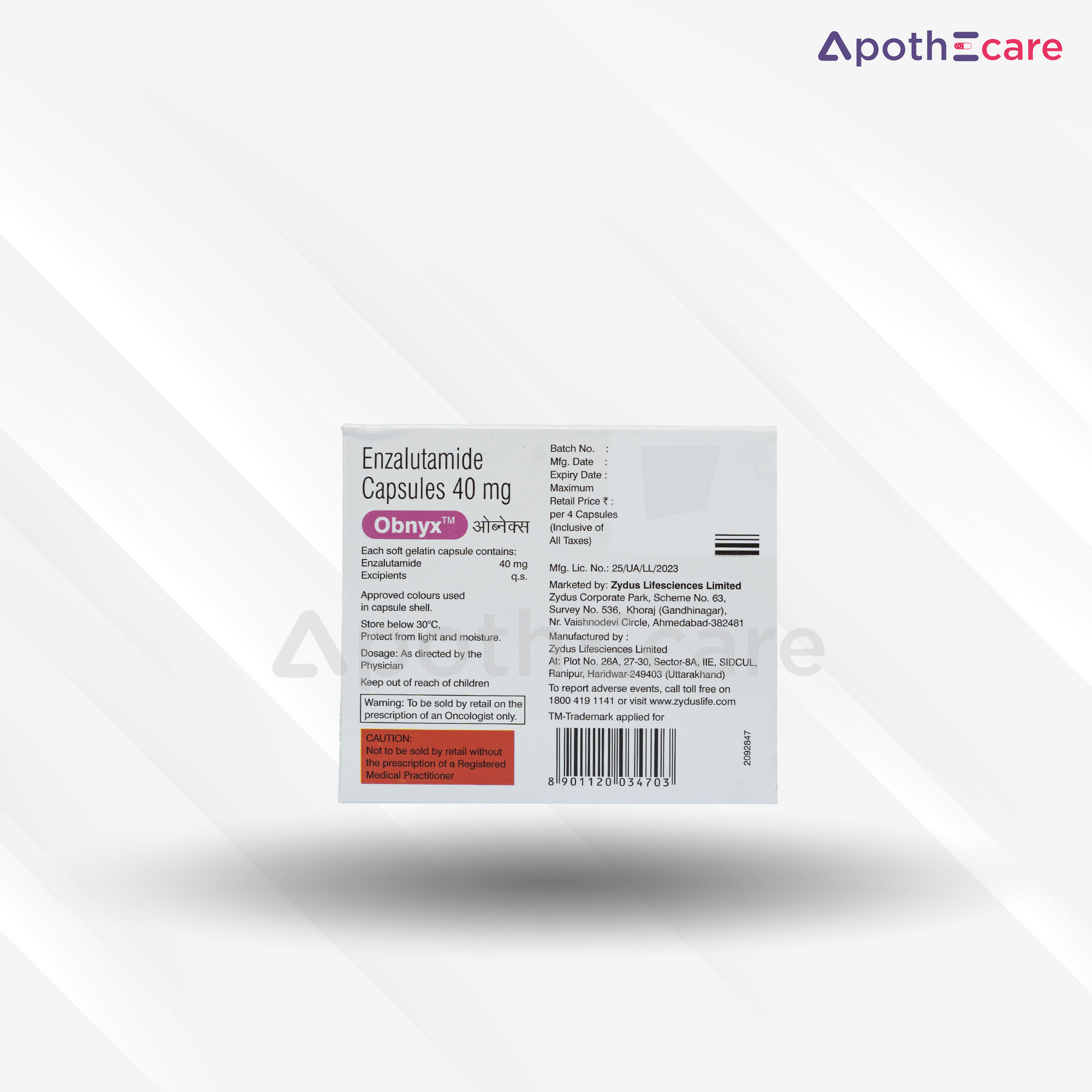 Obnyx 40mg Capsules contains Enzalutamide, used for prostate cancer treatment.