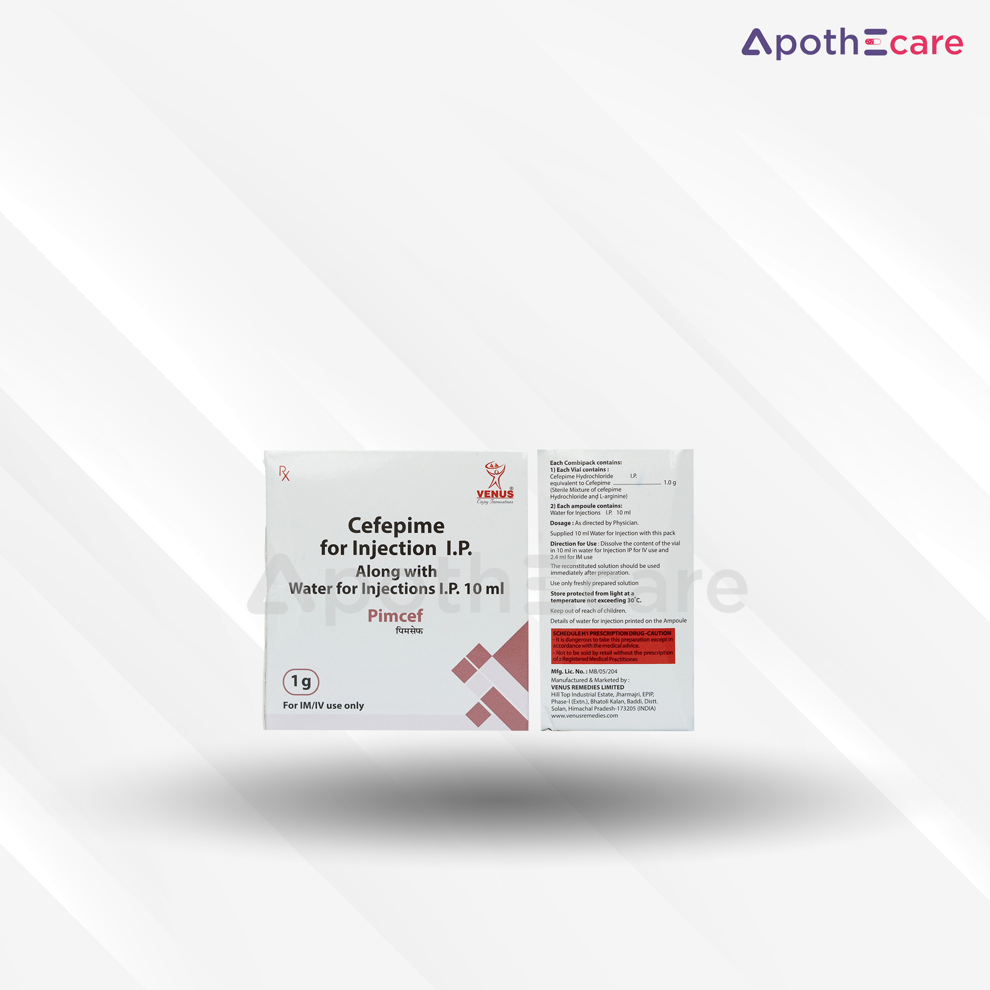 Pimcef 1gm injection with WFI, used for bacterial infections.