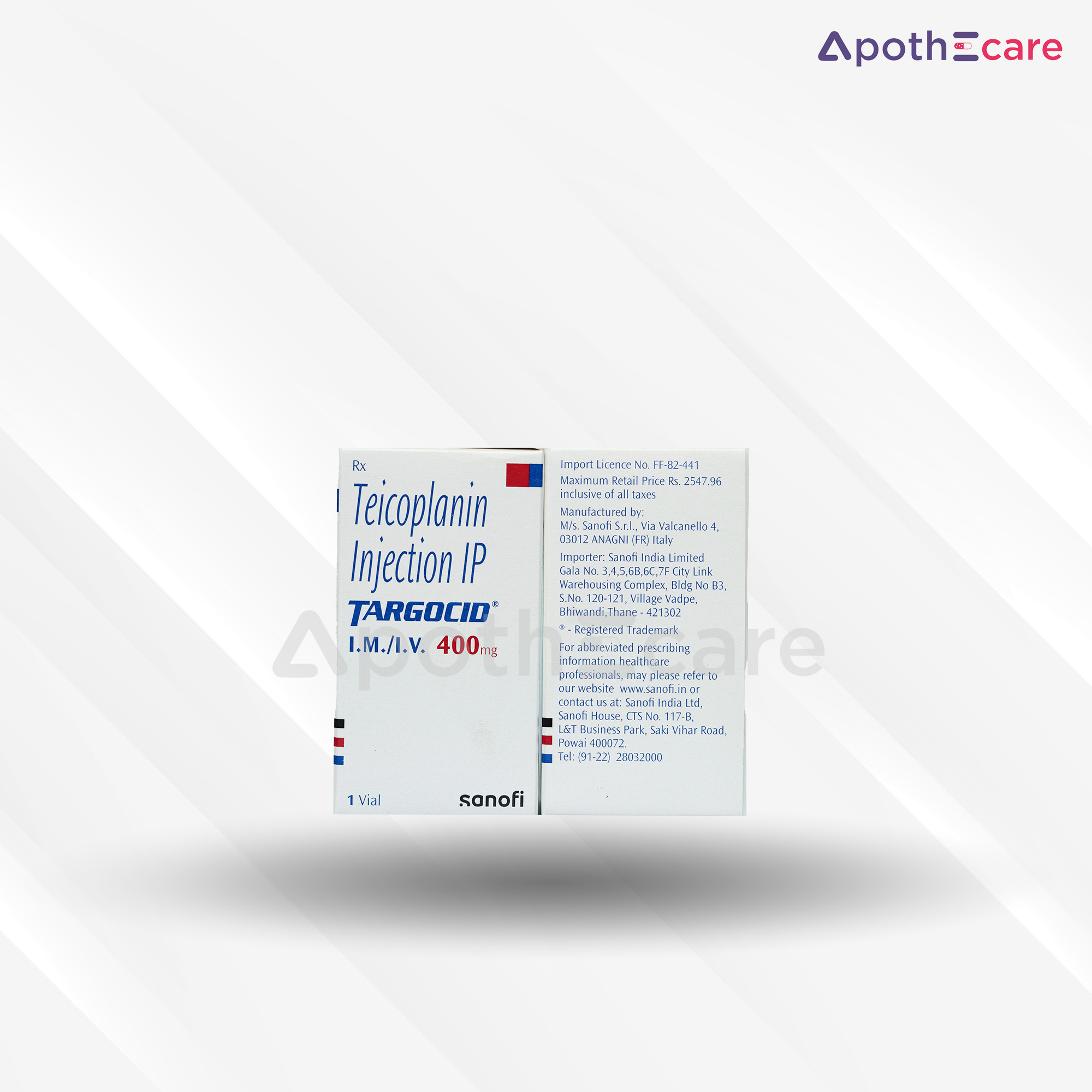 Targocid 400mg Injection, used for treating bacterial infections.