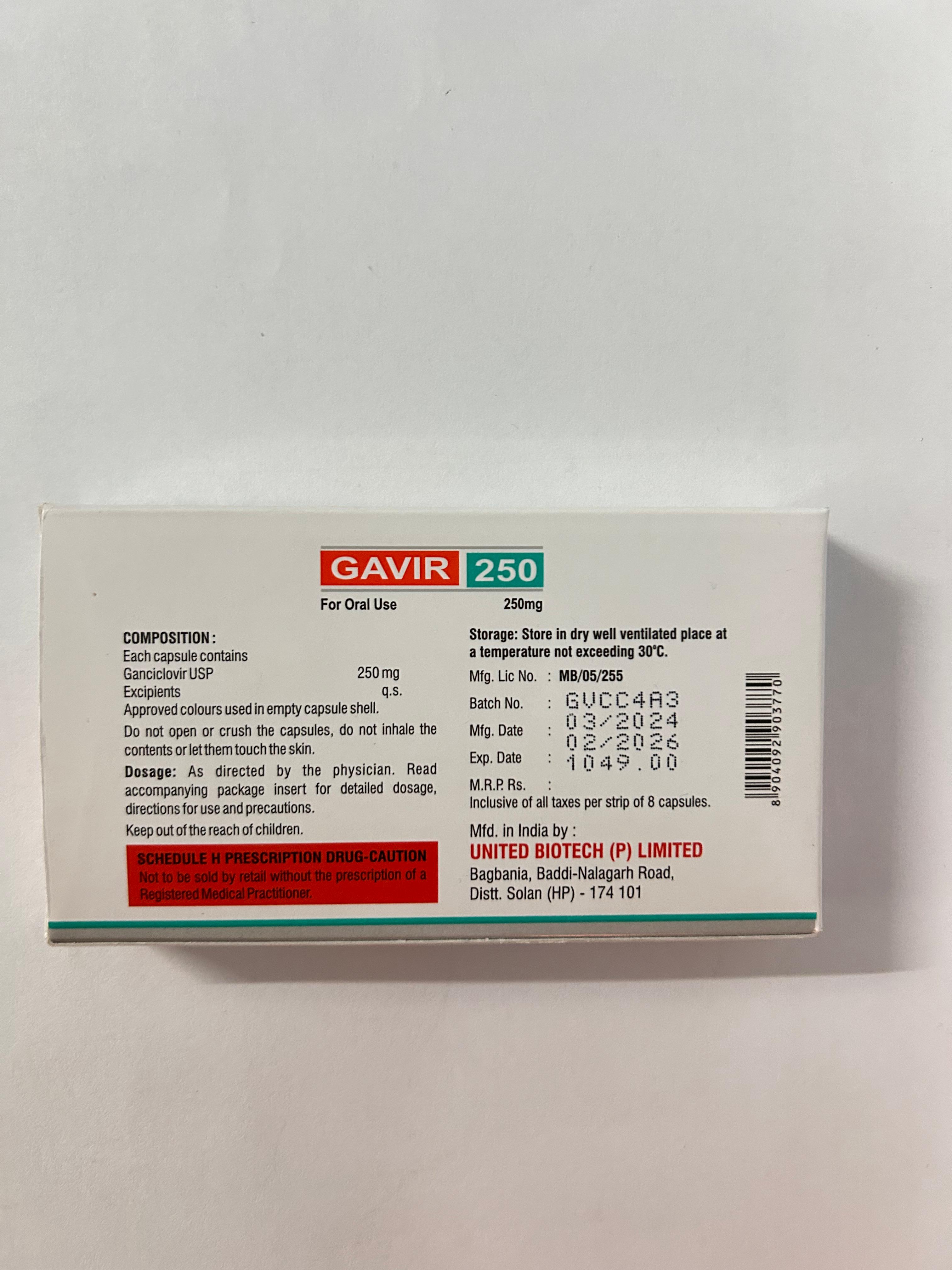 Gavir 250mg Capsule, is used to treat and prevent cytomegalovirus infections.