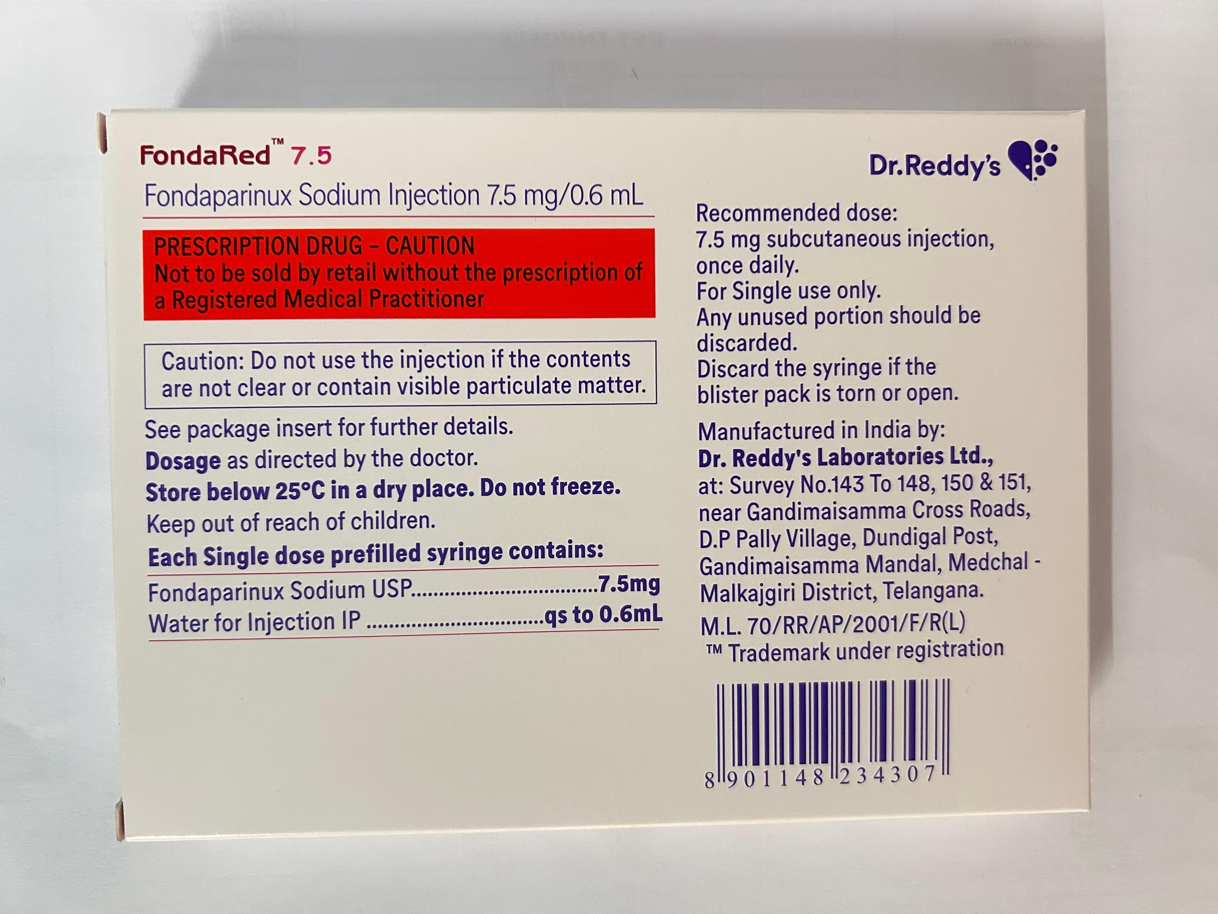 Fondared 7.5mg Injection is an anticoagulant medication that contains Fondaparinux.