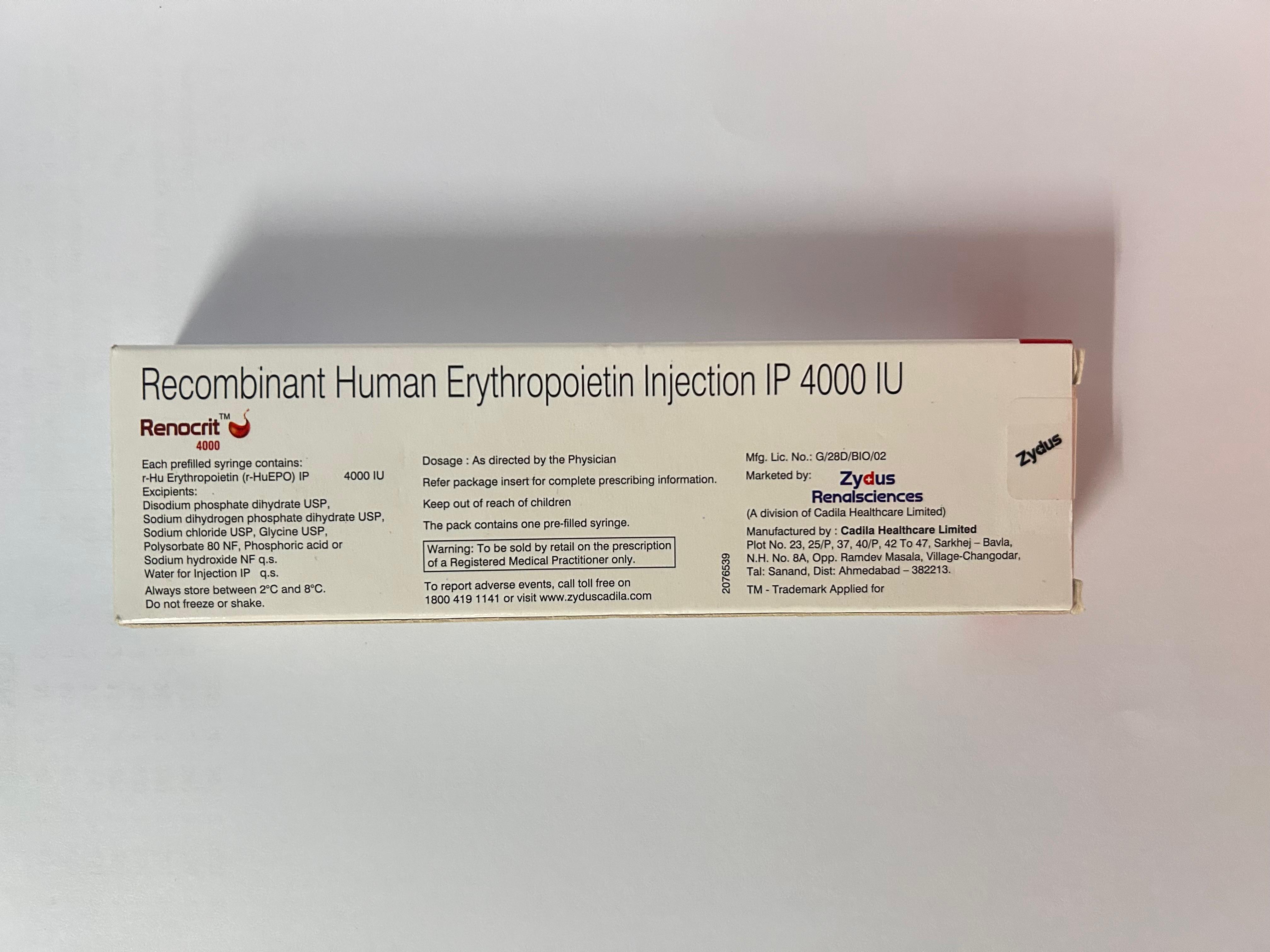 Renocrit 4000IU Injection, is used to treat anemia from HIV treatment, cancer chemotherapy