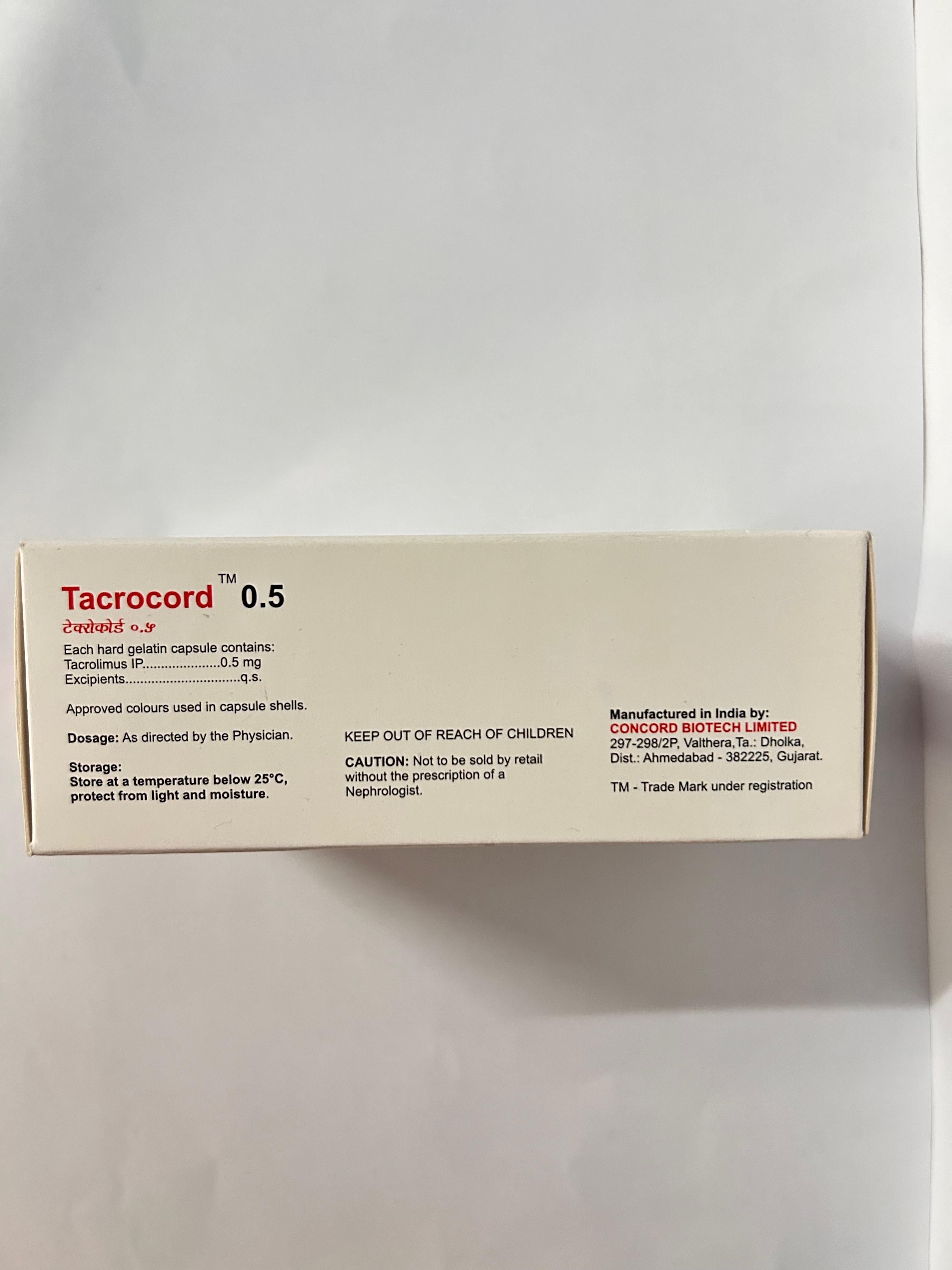Tacrocord 0.5mg Capsule, used primarily to prevent organ rejection.