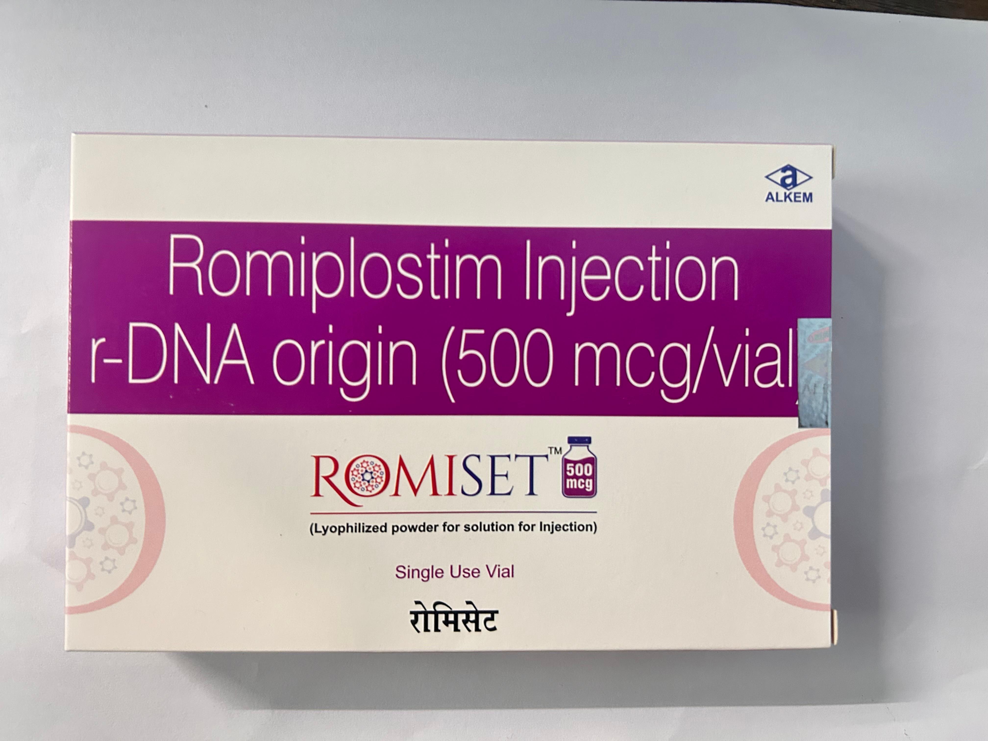 Romiset 500mcg Injection, is a thrombopoietin receptor agonist used primarily to treat thrombocytopenia