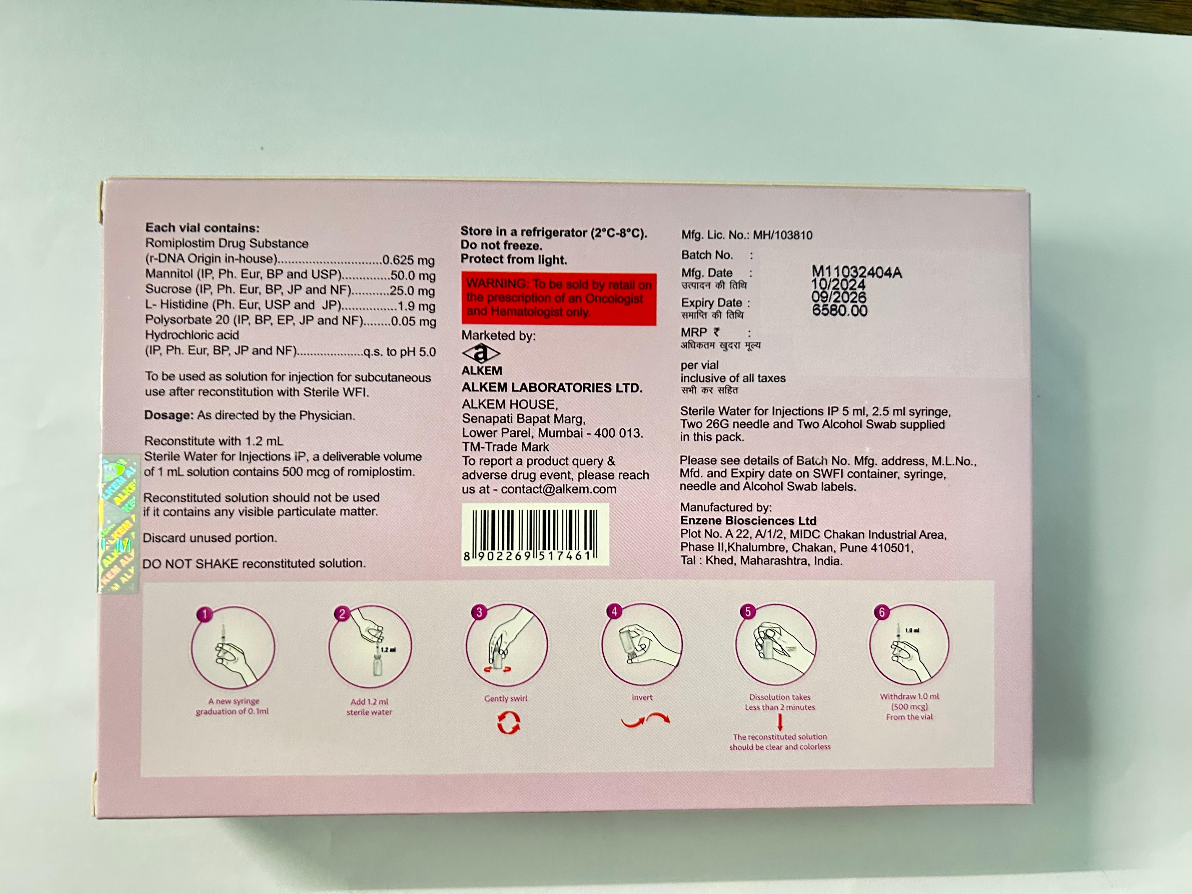 Romiset 500mcg Injection, is a thrombopoietin receptor agonist used primarily to treat thrombocytopenia