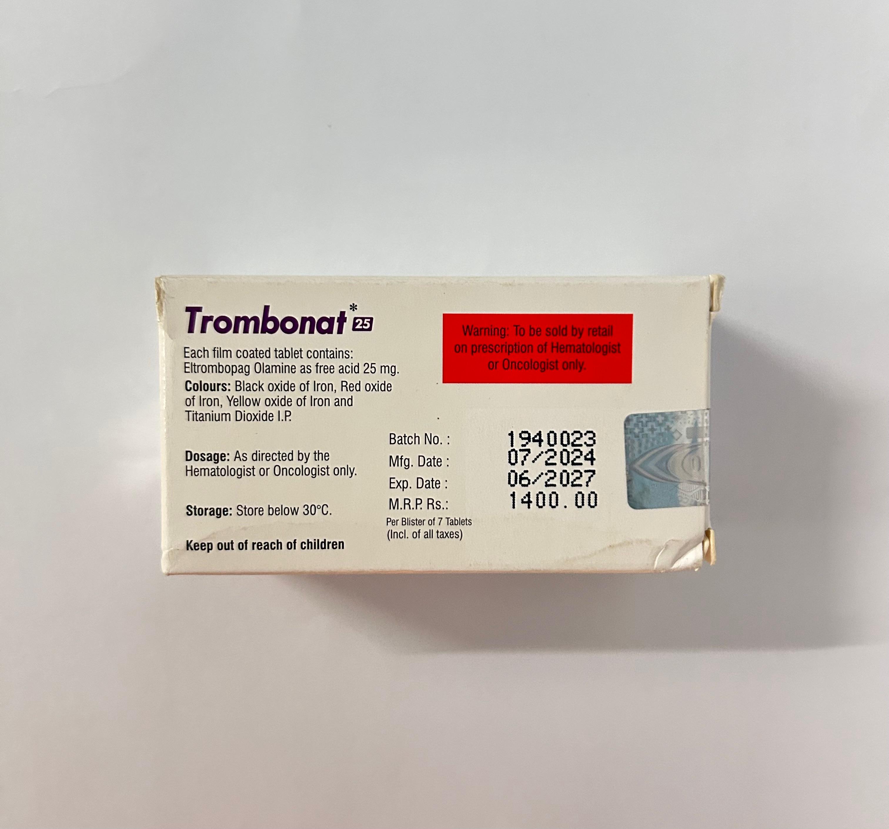 Trombonat 25mg Tablet, is used to treat low platelet counts brought on by chronic hepatitis C virus infection or chronic immunological  thrombocytopenic purpura.