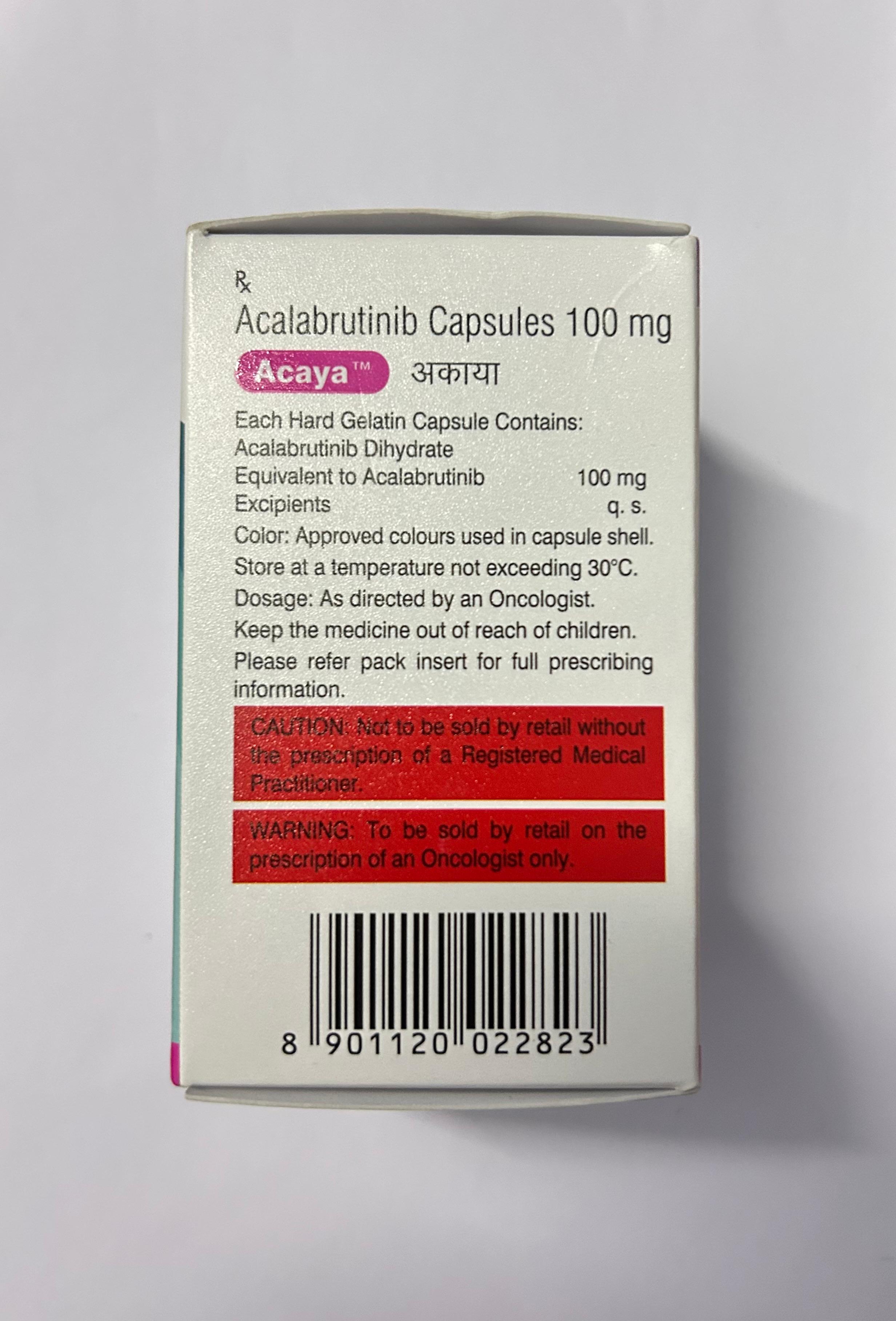 Acaya 100mg capsule contains Acalabrutinib, it is mainly used for the treatment of blood cancer.