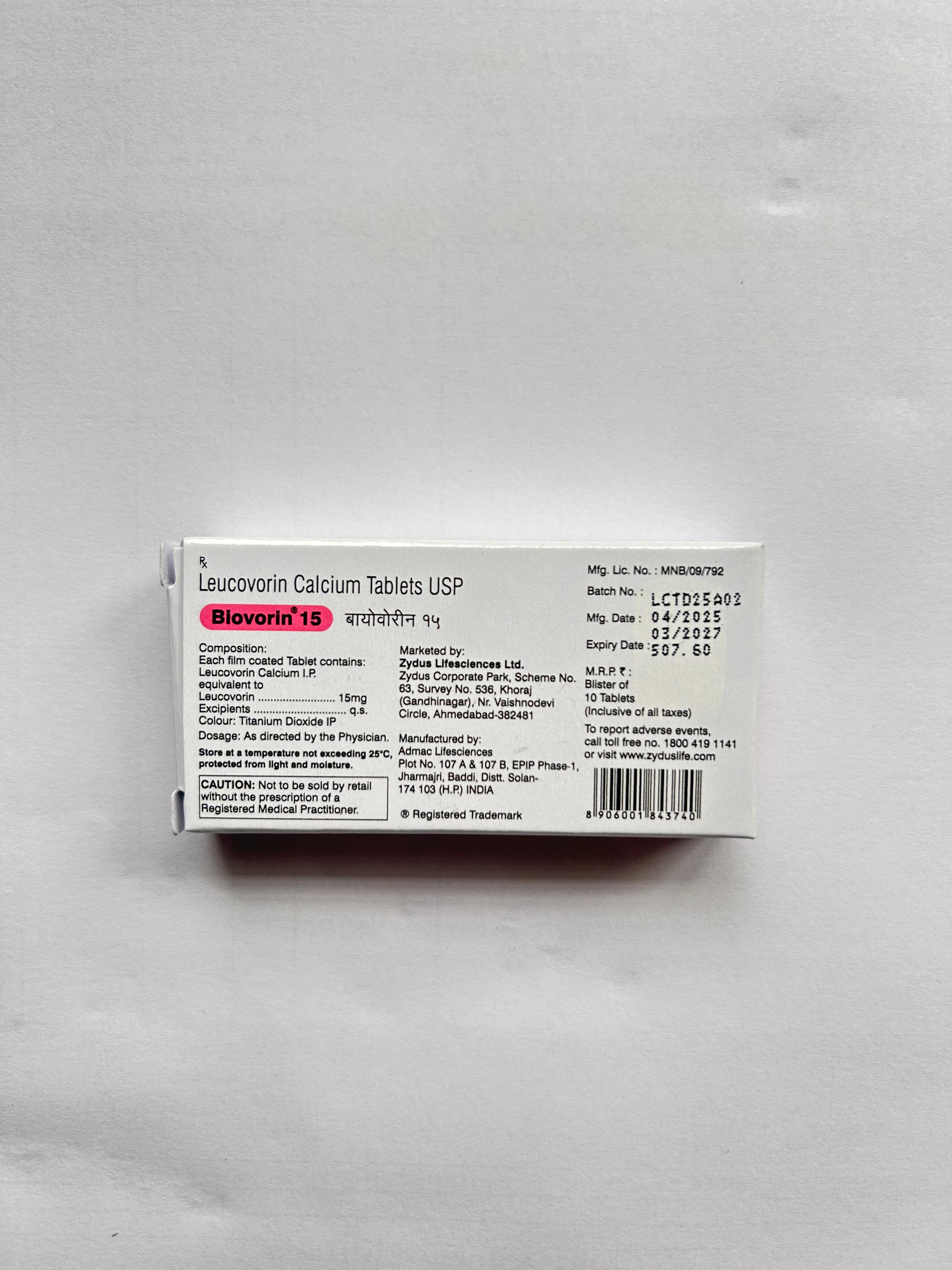 Biovorin 15mg Tablet is used to stop the negative effects of the anticancer drug methotrexate.